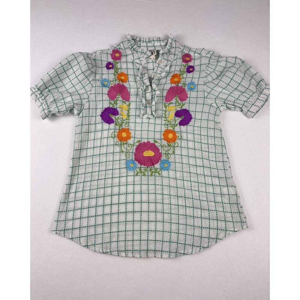Sister Mary Blouse women’s XS Cotton Floral Embroidered Boho Folk Art Green
